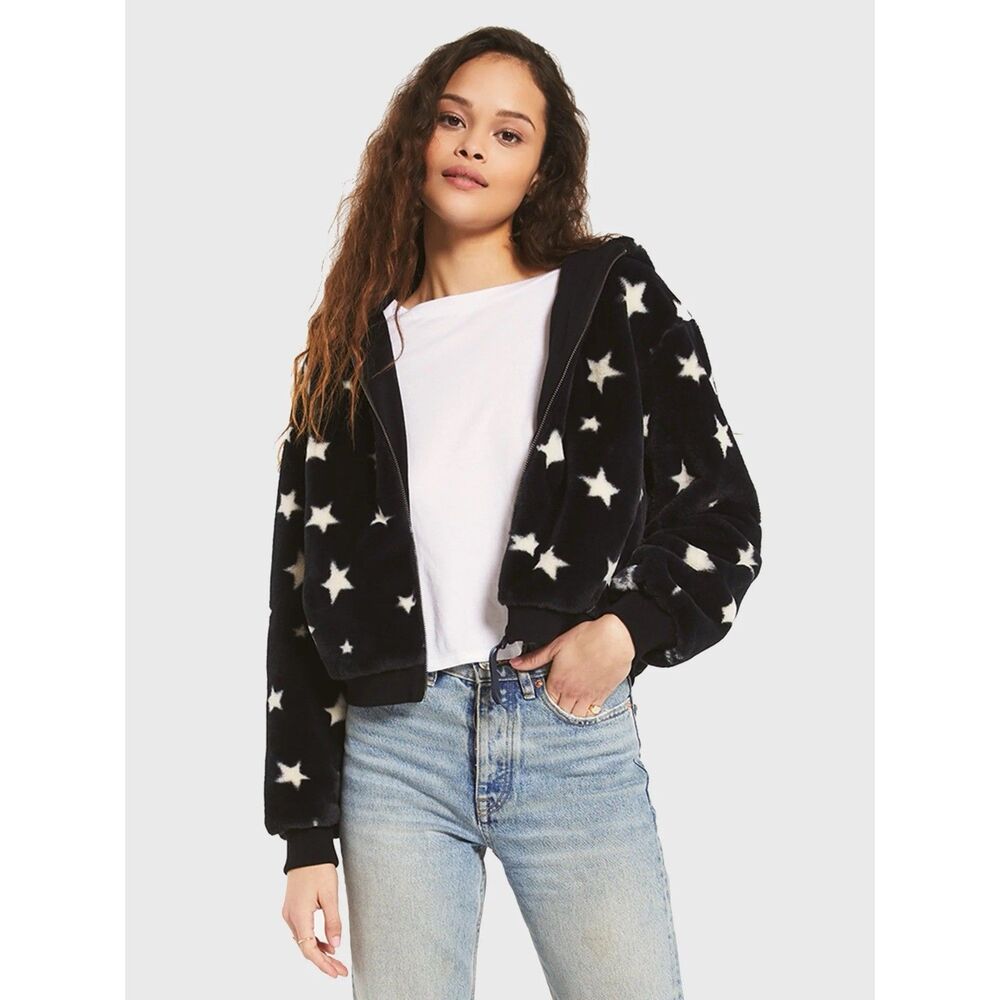 Z Supply London Star Bomber Jacket Faux Fur Hooded Zip Up Womens S Navy White - Picture 2 of 13